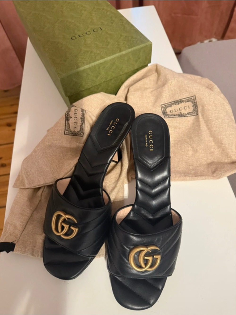 Gucci Black Leather Slide Mules with Gold Double G